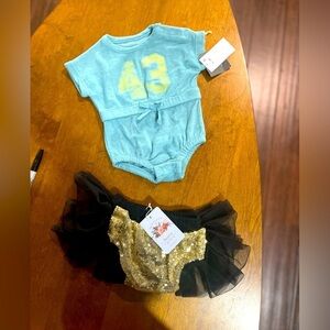 0-3month blue romper and gold glitter and tulle diaper cover​​​​​​